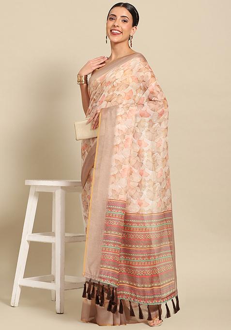 Beige Floral Digital Print Pure Cotton Saree Set