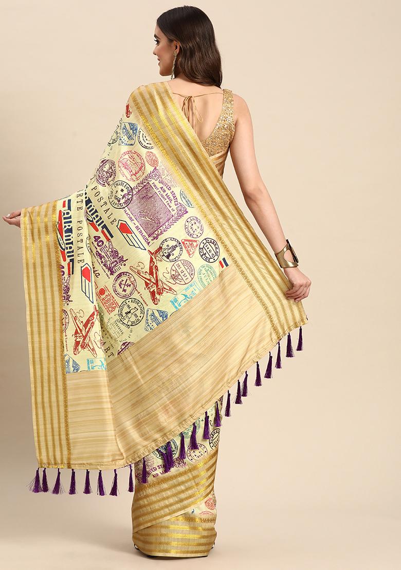 Beige Abstract Printed Art Silk Saree Set - Indya