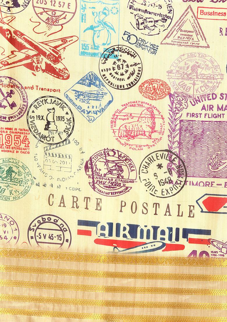 Beige Abstract Printed Art Silk Saree Set