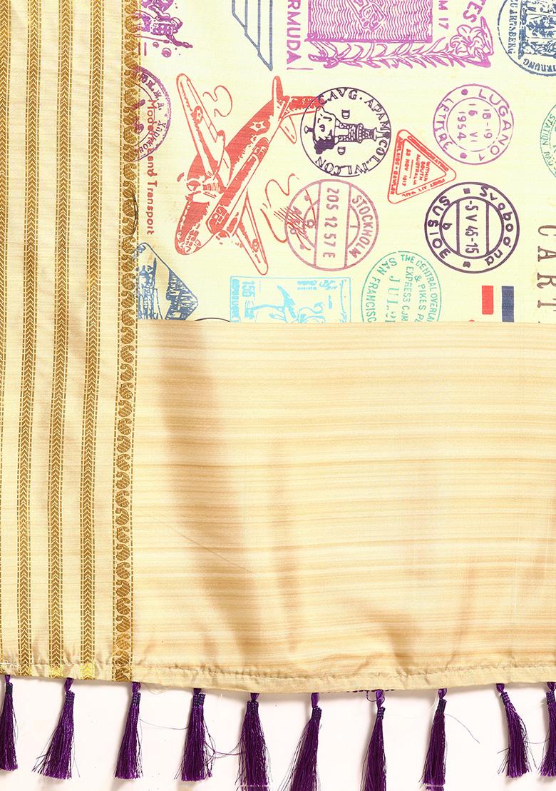 Beige Abstract Printed Art Silk Saree Set - Indya