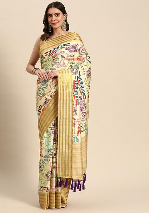 Beige Abstract Printed Art Silk Saree Set