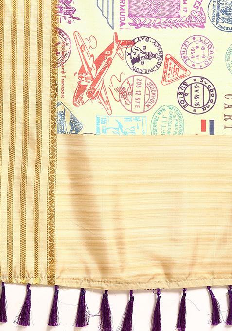 Beige Abstract Printed Art Silk Saree Set