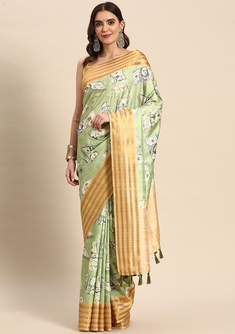 Green Abstract Printed Art Silk Saree Set