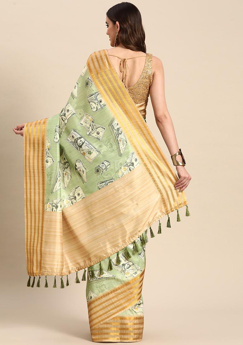 Green Abstract Printed Art Silk Saree Set