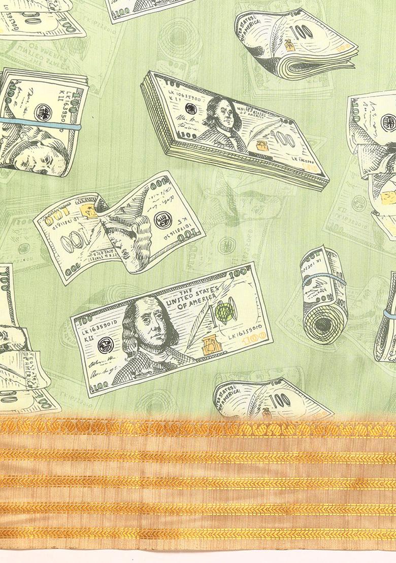 Green Abstract Printed Art Silk Saree Set