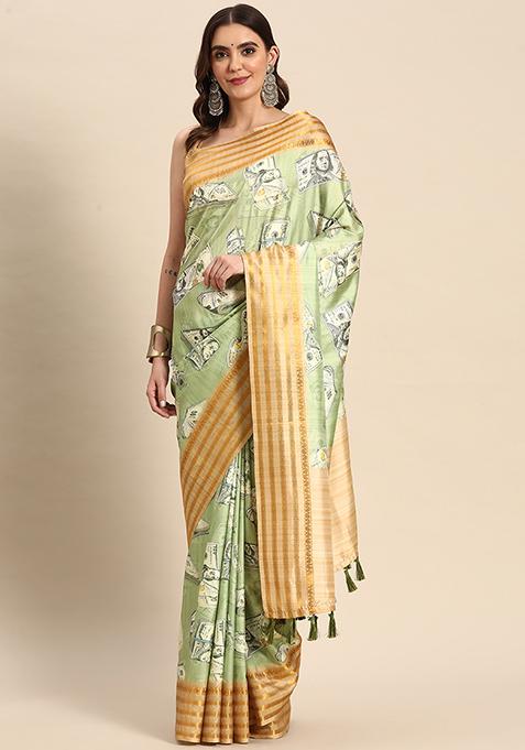 Green Abstract Printed Art Silk Saree Set