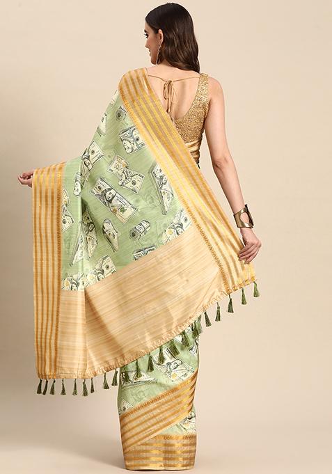 Green Abstract Printed Art Silk Saree Set