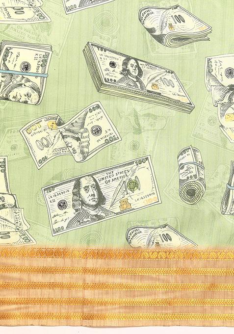 Green Abstract Printed Art Silk Saree Set