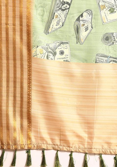 Green Abstract Printed Art Silk Saree Set