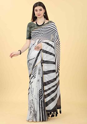 Black Abstract Printed Cotton Blend Saree Set