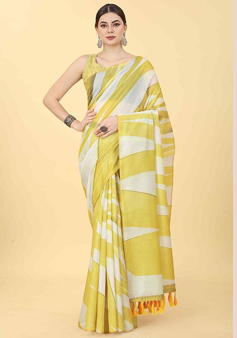 Yellow Abstract Printed Cotton Blend Saree Set