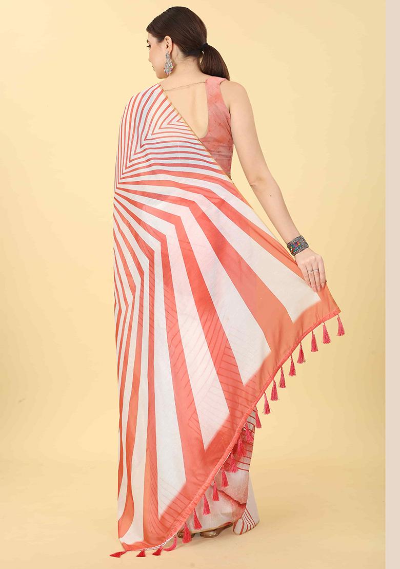 Red Abstract Printed Cotton Blend Saree Set