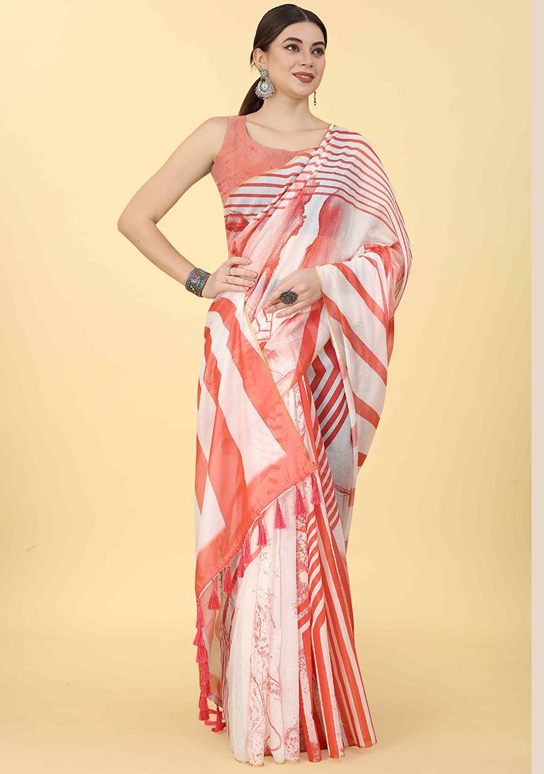 Red Abstract Printed Cotton Blend Saree Set