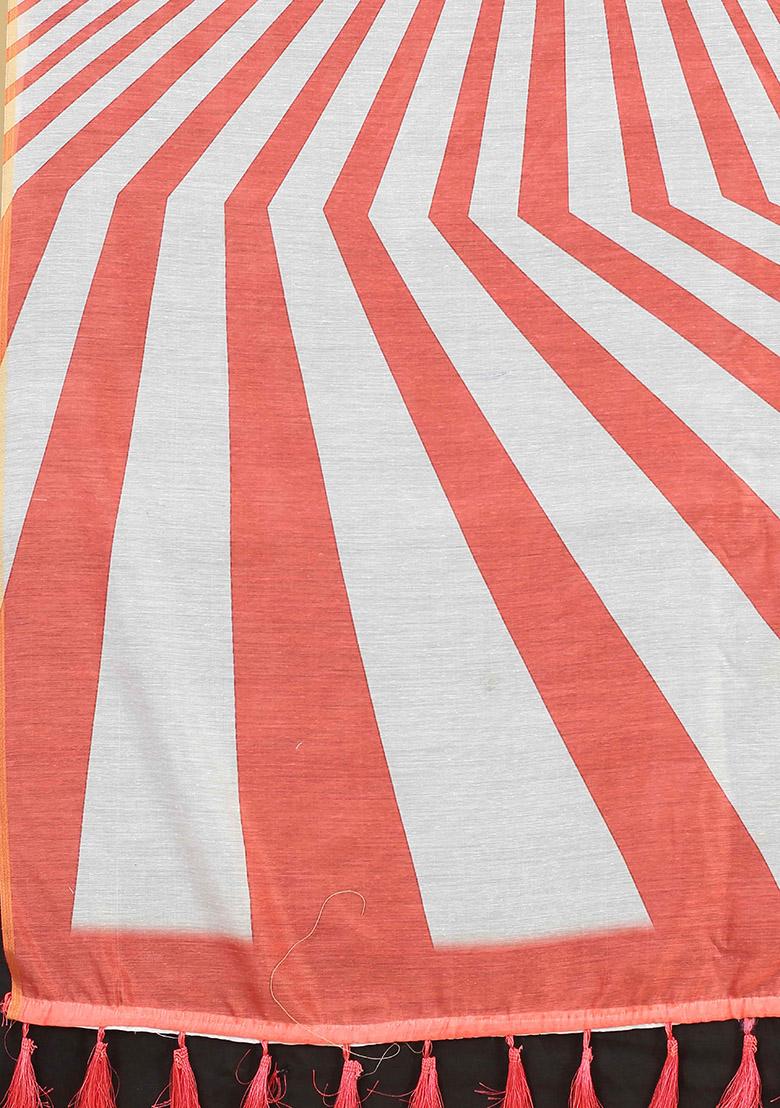 Red Abstract Printed Cotton Blend Saree Set