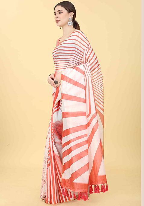 Red Abstract Printed Cotton Blend Saree Set