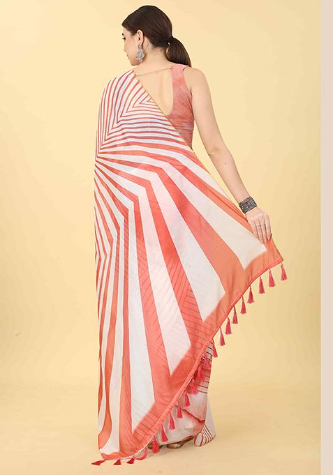 Red Abstract Printed Cotton Blend Saree Set