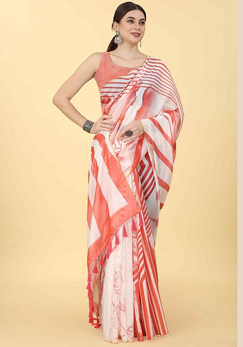 Red Abstract Printed Cotton Blend Saree Set