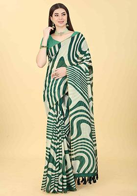 Green Abstract Printed Cotton Blend Saree Set