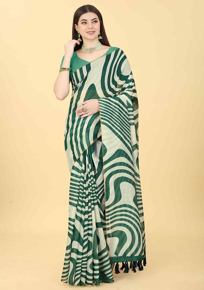 Green Abstract Printed Cotton Blend Saree Set