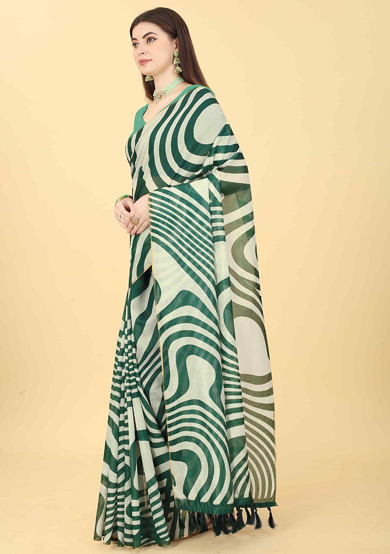 Green Abstract Printed Cotton Blend Saree Set