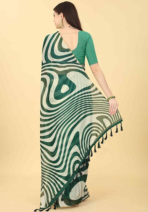 Green Abstract Printed Cotton Blend Saree Set