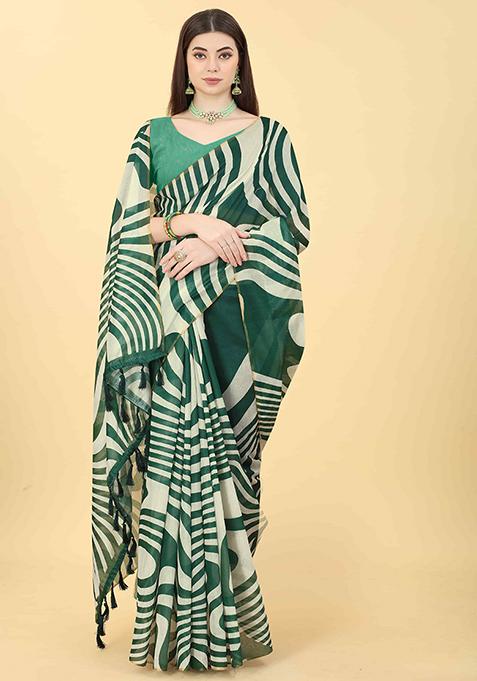 Green Abstract Printed Cotton Blend Saree Set