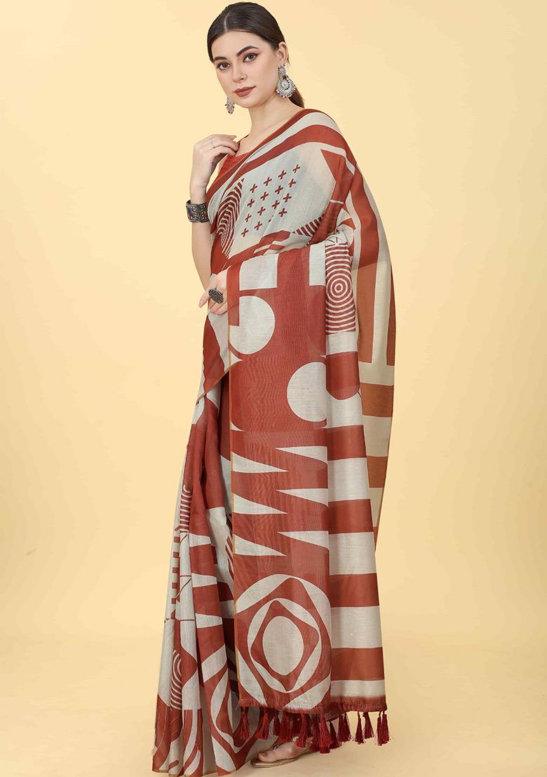 Maroon Abstract Printed Cotton Blend Saree Set