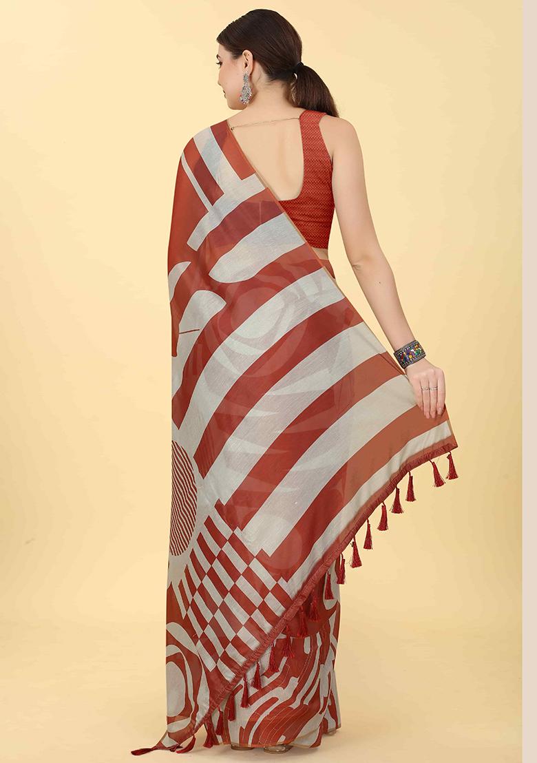 Maroon Abstract Printed Cotton Blend Saree Set