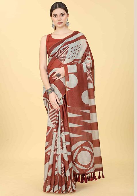 Maroon Abstract Printed Cotton Blend Saree Set