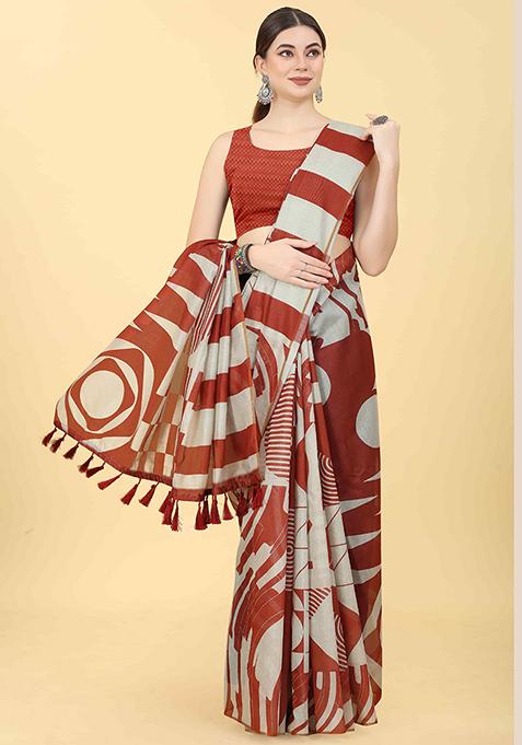 Maroon Abstract Printed Cotton Blend Saree Set