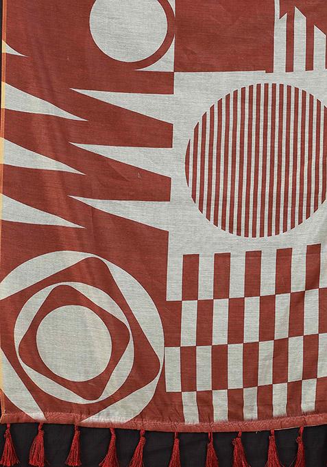Maroon Abstract Printed Cotton Blend Saree Set