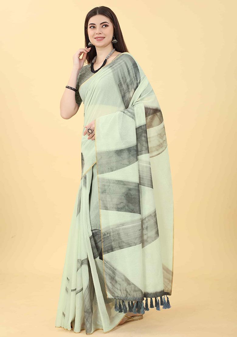 White Abstract Printed Cotton Blend Saree Set