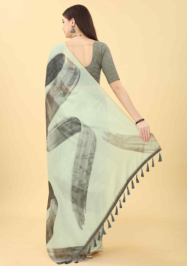 White Abstract Printed Cotton Blend Saree Set