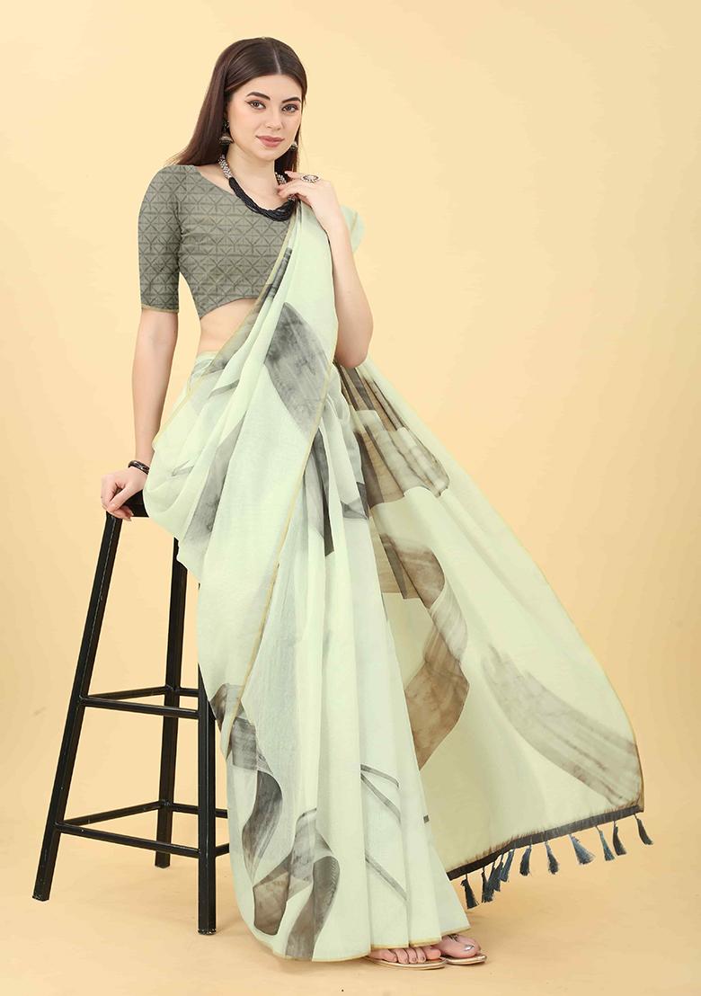 White Abstract Printed Cotton Blend Saree Set