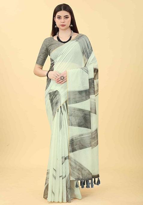 White Abstract Printed Cotton Blend Saree Set