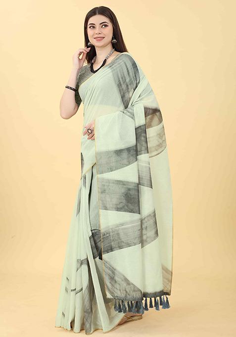 White Abstract Printed Cotton Blend Saree Set