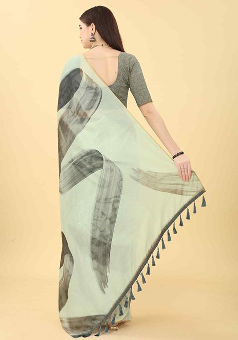 White Abstract Printed Cotton Blend Saree Set