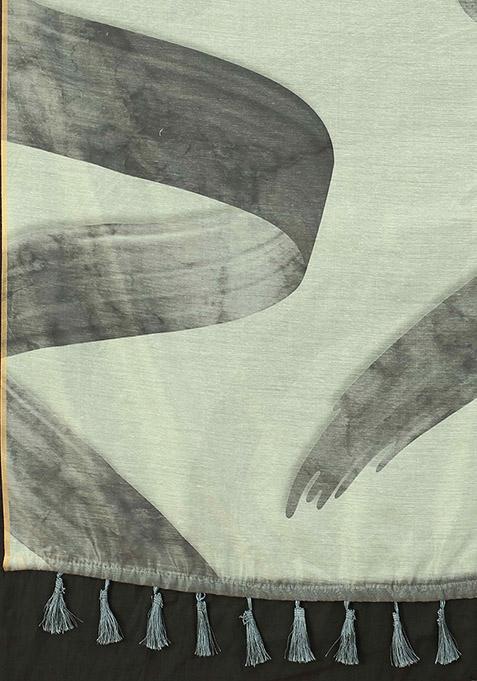 White Abstract Printed Cotton Blend Saree Set