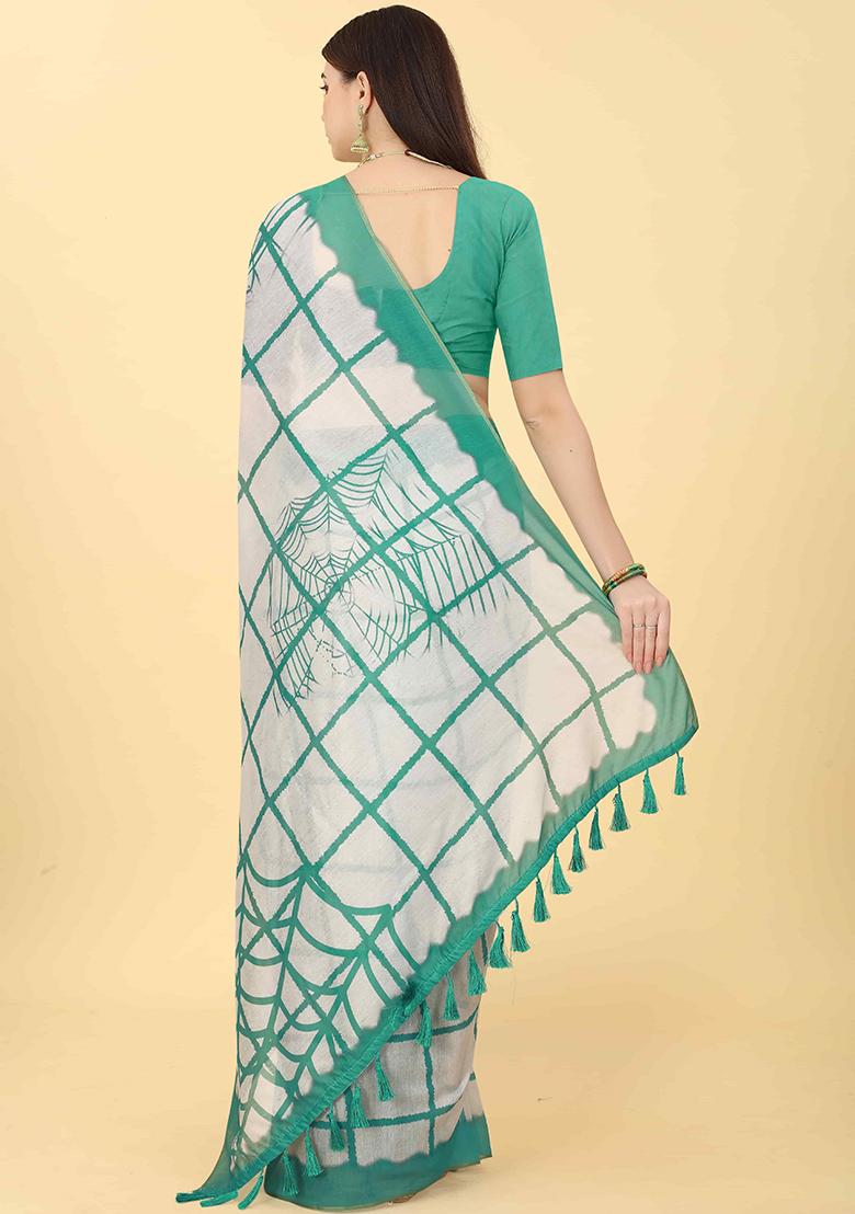 Green Tie Dye Print Chanderi Saree Set
