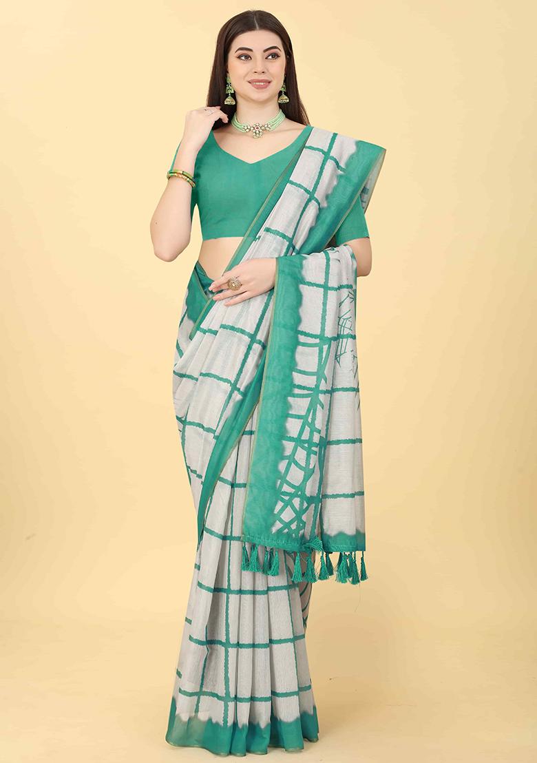Green Tie Dye Print Chanderi Saree Set