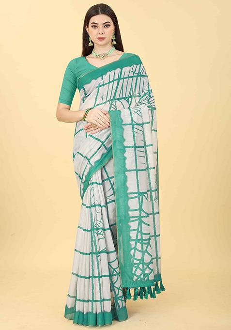 Green Tie Dye Print Chanderi Saree Set