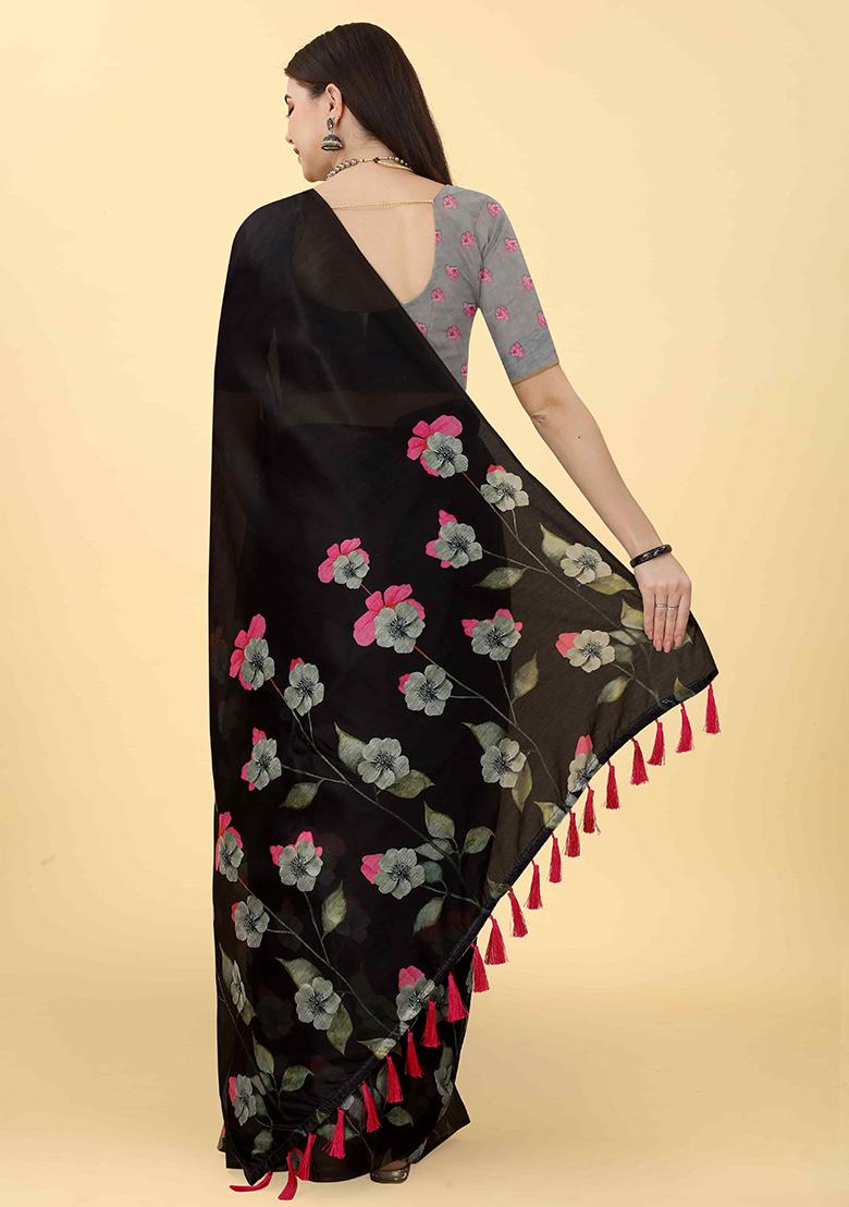 Black Floral Print Cotton Blend Saree Set