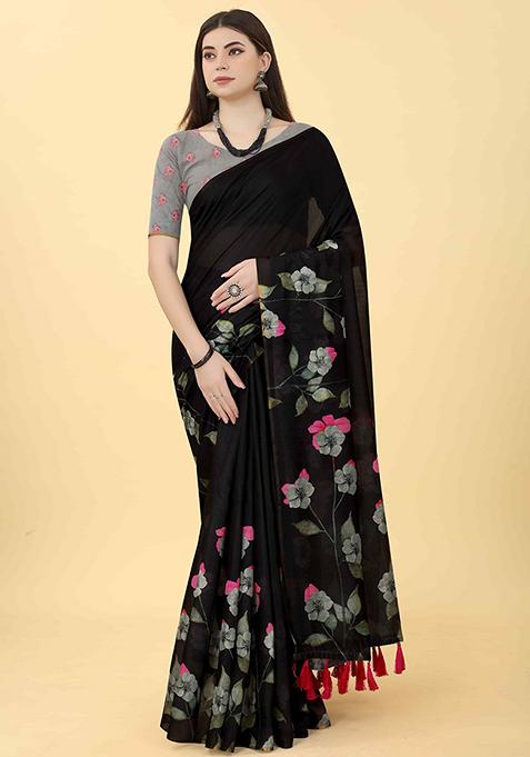 Black Floral Print Cotton Blend Saree Set