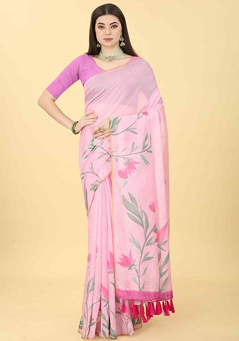 Pink Floral Print Cotton Blend Saree Set