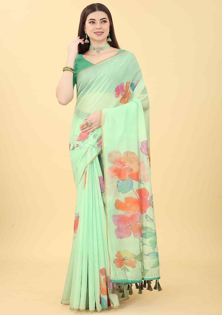 Sea Green Floral Print Cotton Blend Saree Set