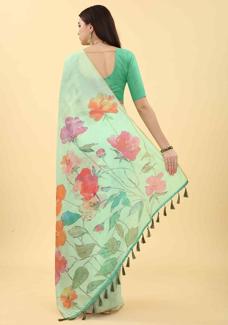 Sea Green Floral Print Cotton Blend Saree Set