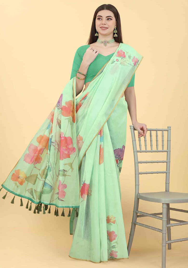 Sea Green Floral Print Cotton Blend Saree Set