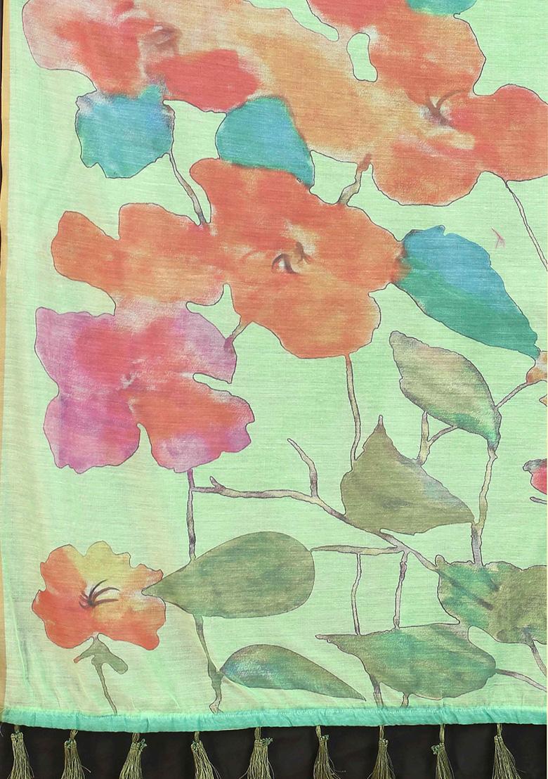 Sea Green Floral Print Cotton Blend Saree Set