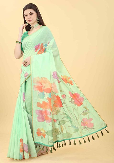 Sea Green Floral Print Cotton Blend Saree Set