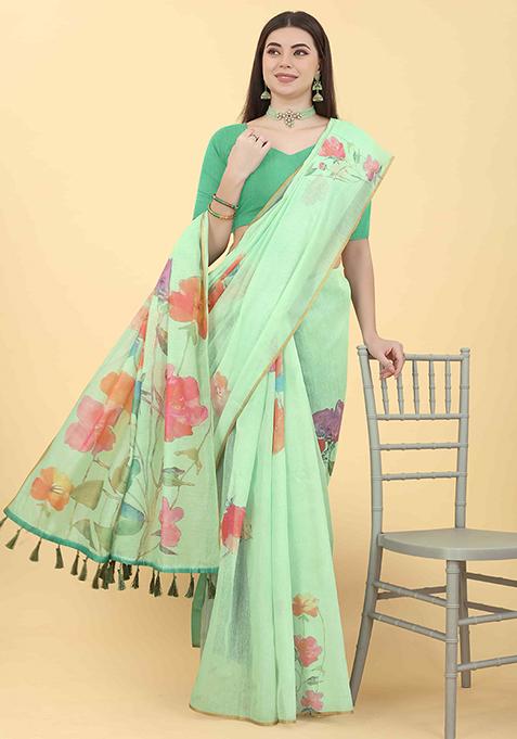 Sea Green Floral Print Cotton Blend Saree Set